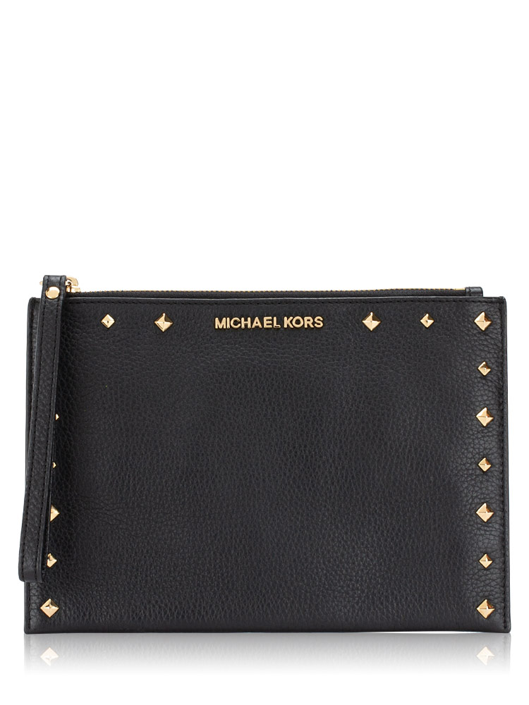 Jet Set Leather XL Studded Travel Clutch Black