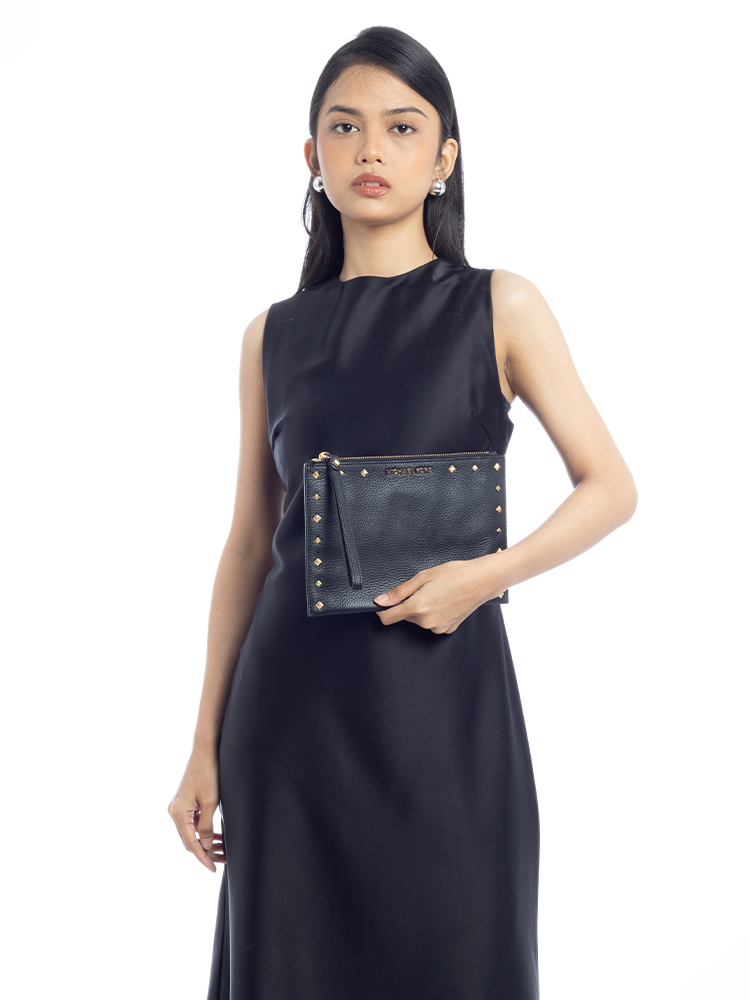 Jet Set Leather XL Studded Travel Clutch Black