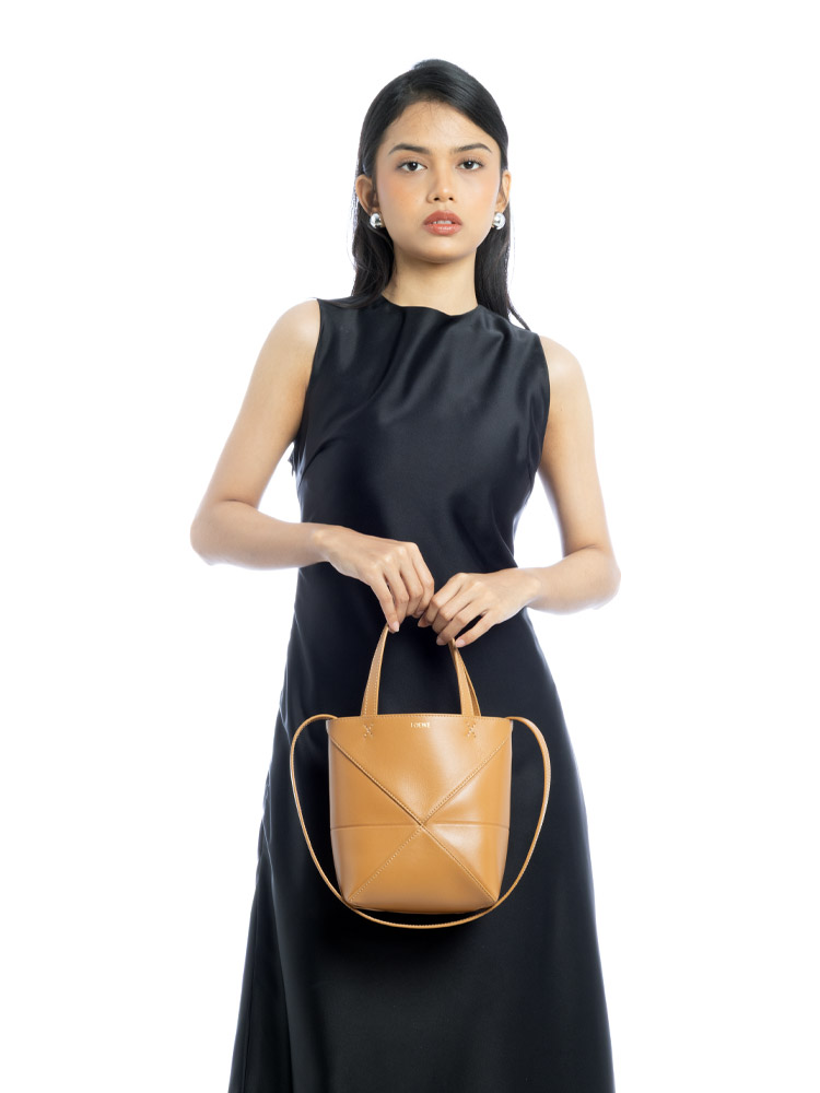 Shiny Calfskin Puzzle Fold Mini Tote Warm Desert