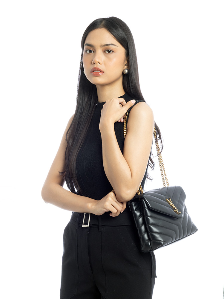 Calfskin Y Quilted Monogram Loulou Small Shoulder Bag Black