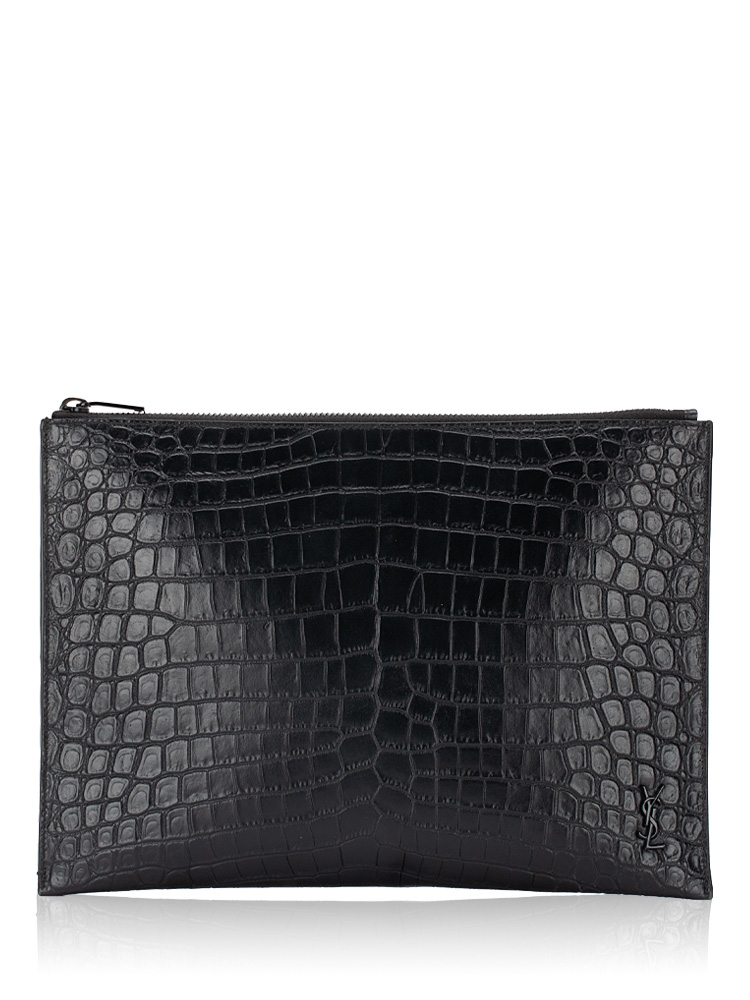 Calfskin Croco Embossed Tiny Monogram Tablet Pouch Black