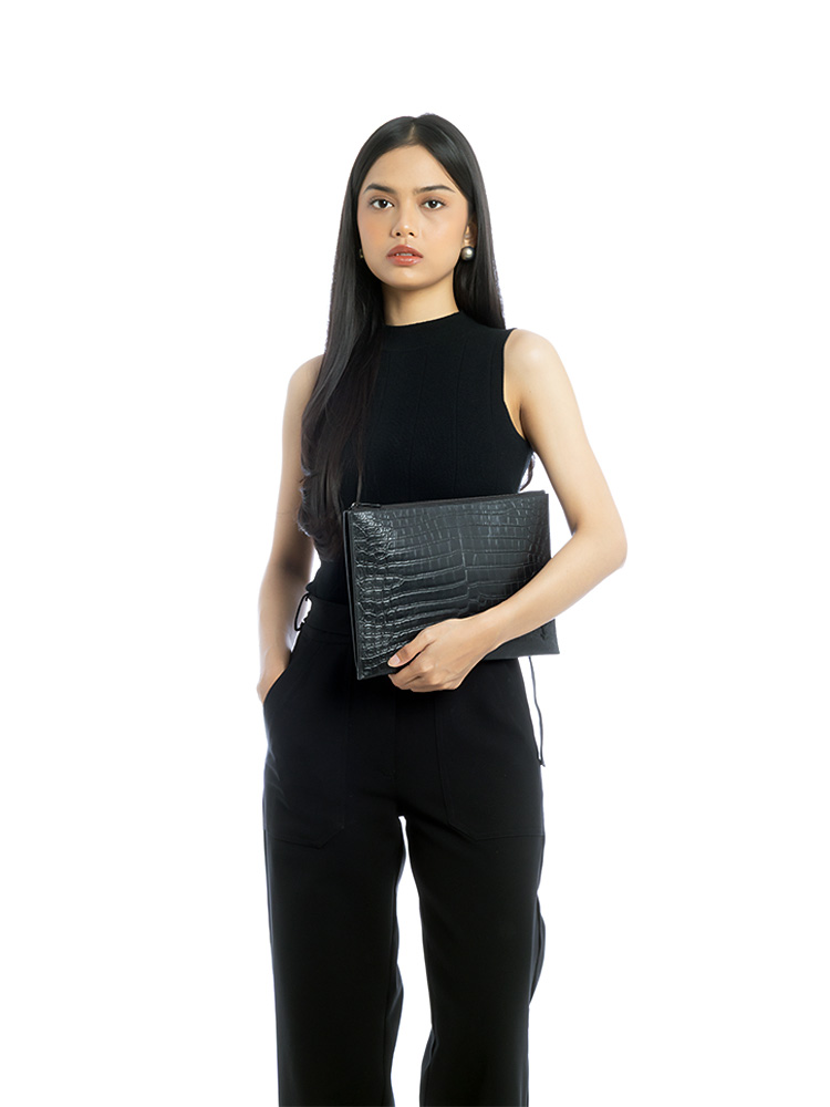 Calfskin Croco Embossed Tiny Monogram Tablet Pouch Black