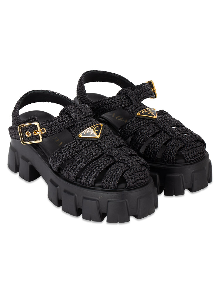 Raffia Crochet Triangle Monolith 55mm Cage Sandals Black Sz 36
