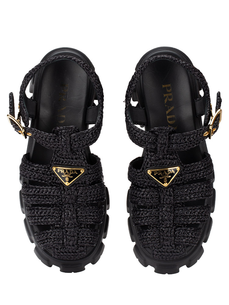 Raffia Crochet Triangle Monolith 55mm Cage Sandals Black Sz 36