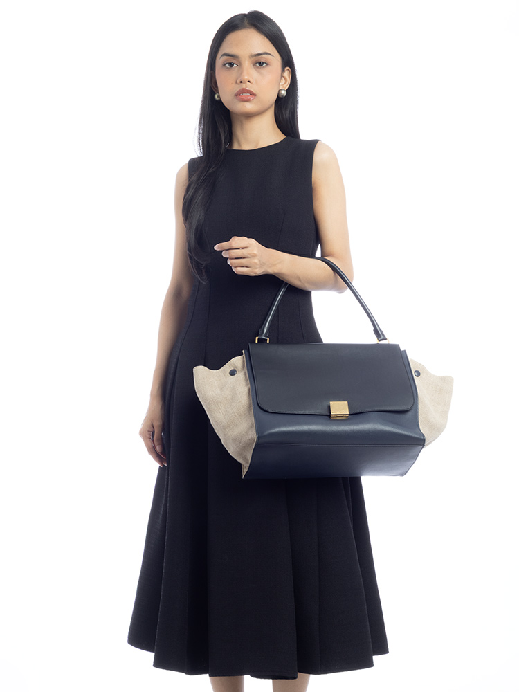 Calfskin Linen Large Trapeze Navy Blue
