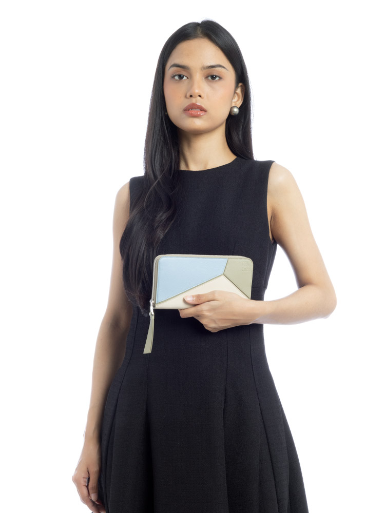 Calfskin Puzzle Colorblock Zip Wallet Sage Multicolor
