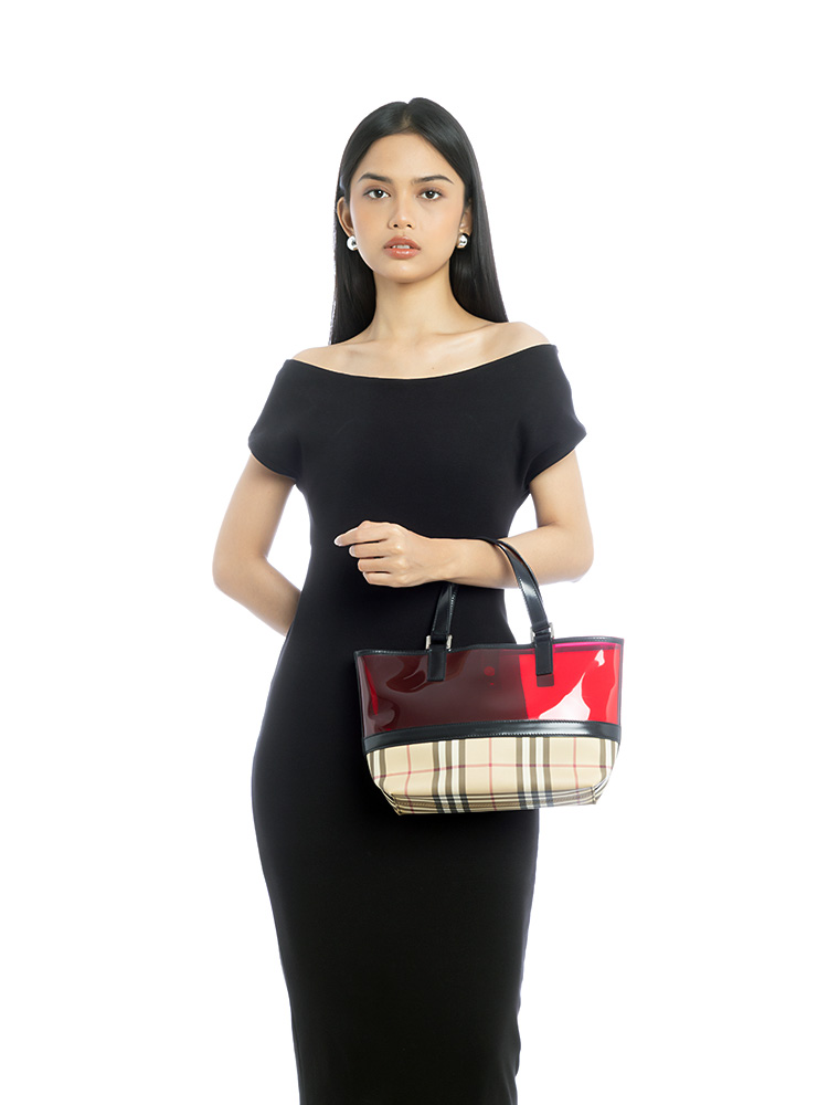 Vinyl Nova Check Tote Bag Beige Red