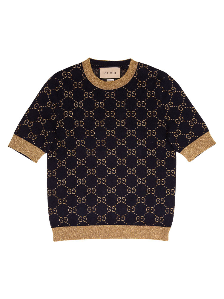 GG Lamé Cotton Knit Top Dark Blue Gold Sz XS