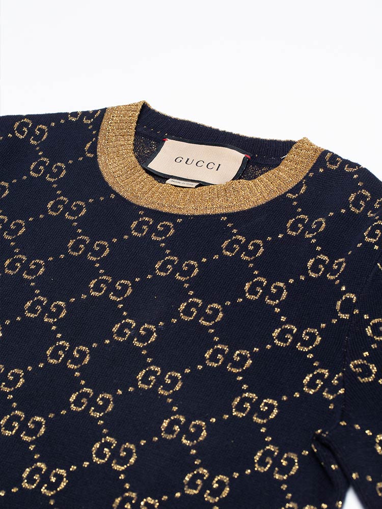 GG Lamé Cotton Knit Top Dark Blue Gold Sz XS