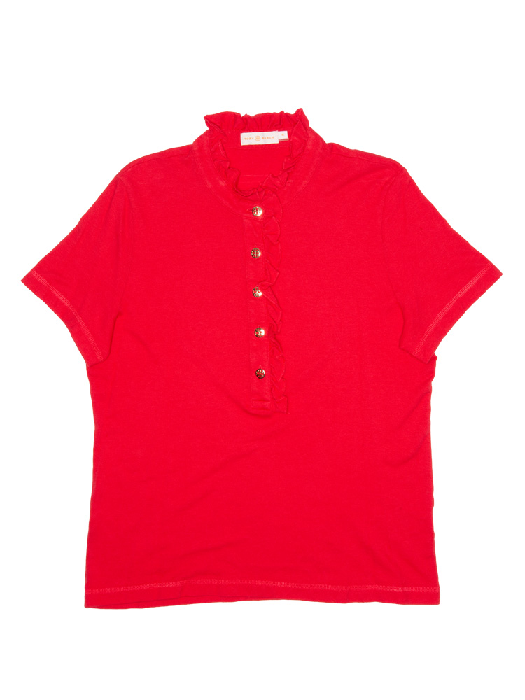 Lidia Ruffled Polo Shirt Poppy Red Sz XL