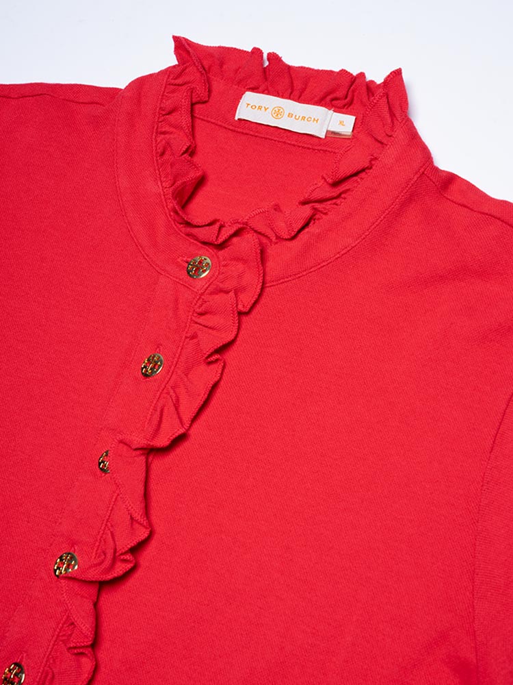Lidia Ruffled Polo Shirt Poppy Red Sz XL