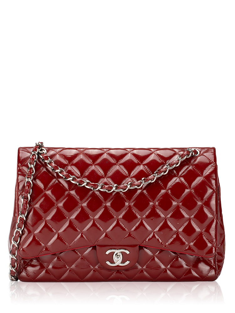 Patent Leather Maxi Classic Double Flap Bag Dark Red