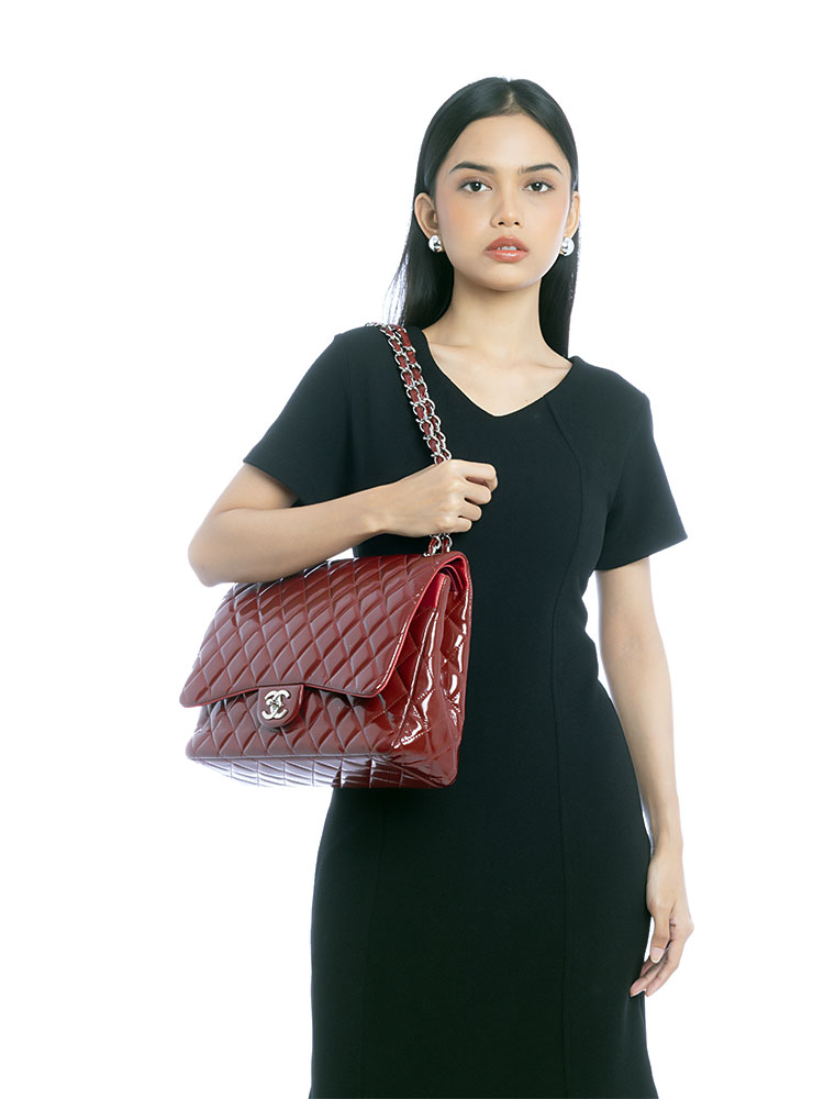 Patent Leather Maxi Classic Double Flap Bag Dark Red