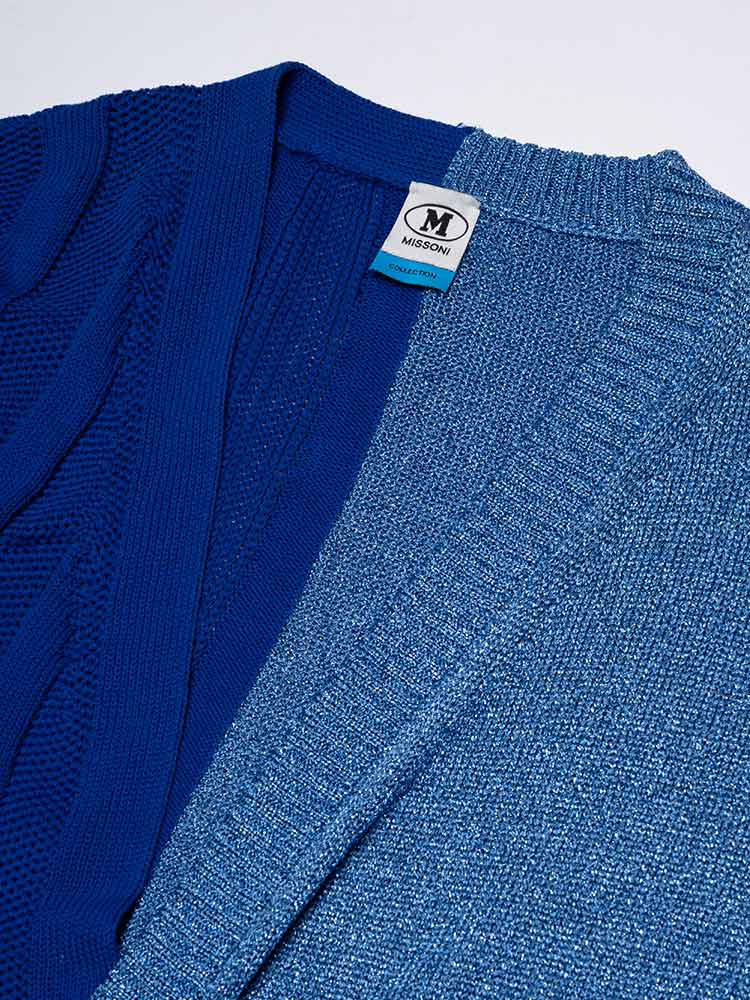 Cotton Viscose Bicolor Pleated Cardigan Blue Sz XS