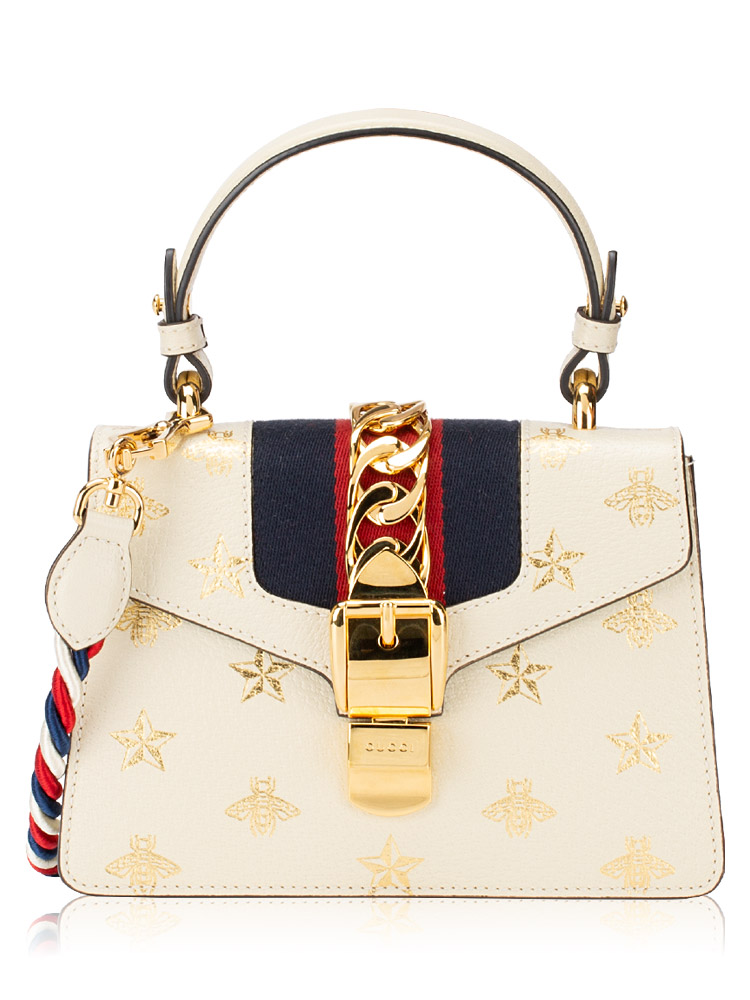 Textured Calfskin Bee Star Sylvie Mini Top Handle Bag Mystic White