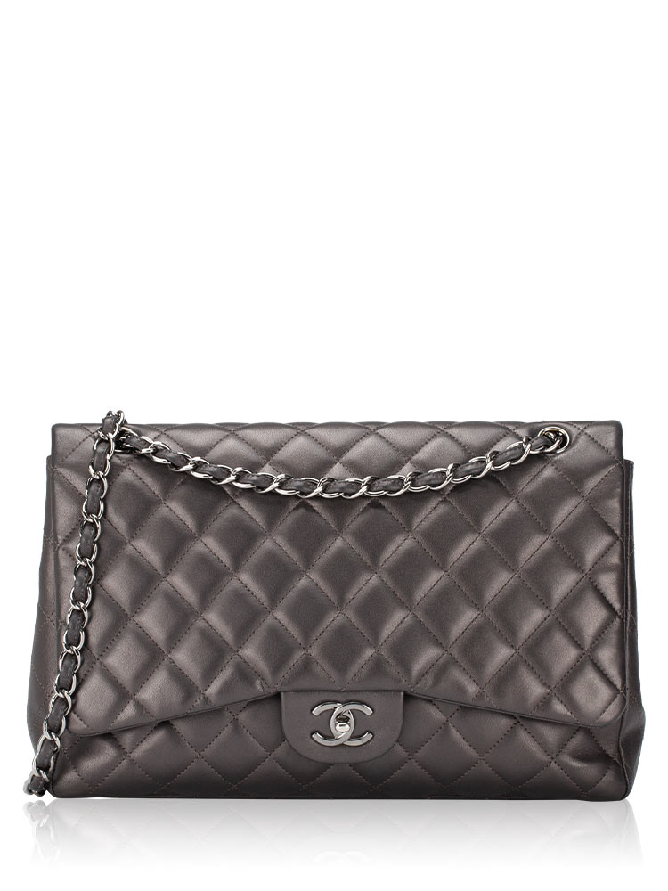 Metallic Lambskin Maxi Single Flap Bag Dark Grey