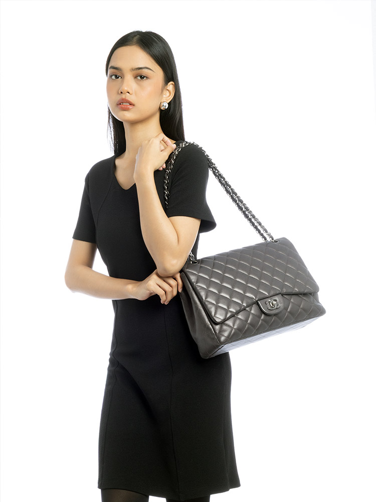 Metallic Lambskin Maxi Single Flap Bag Dark Grey
