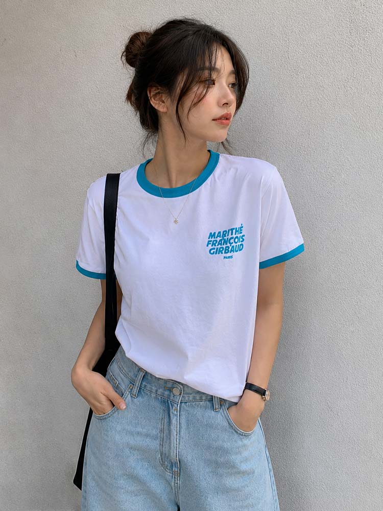 25SS37 Classic Logo Ringer Tee White Blue Sz M