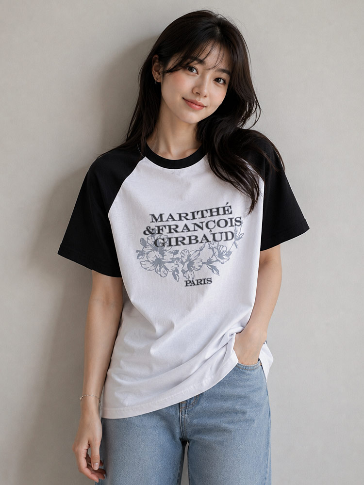 Floral Logo Raglan Tee Black White Sz M