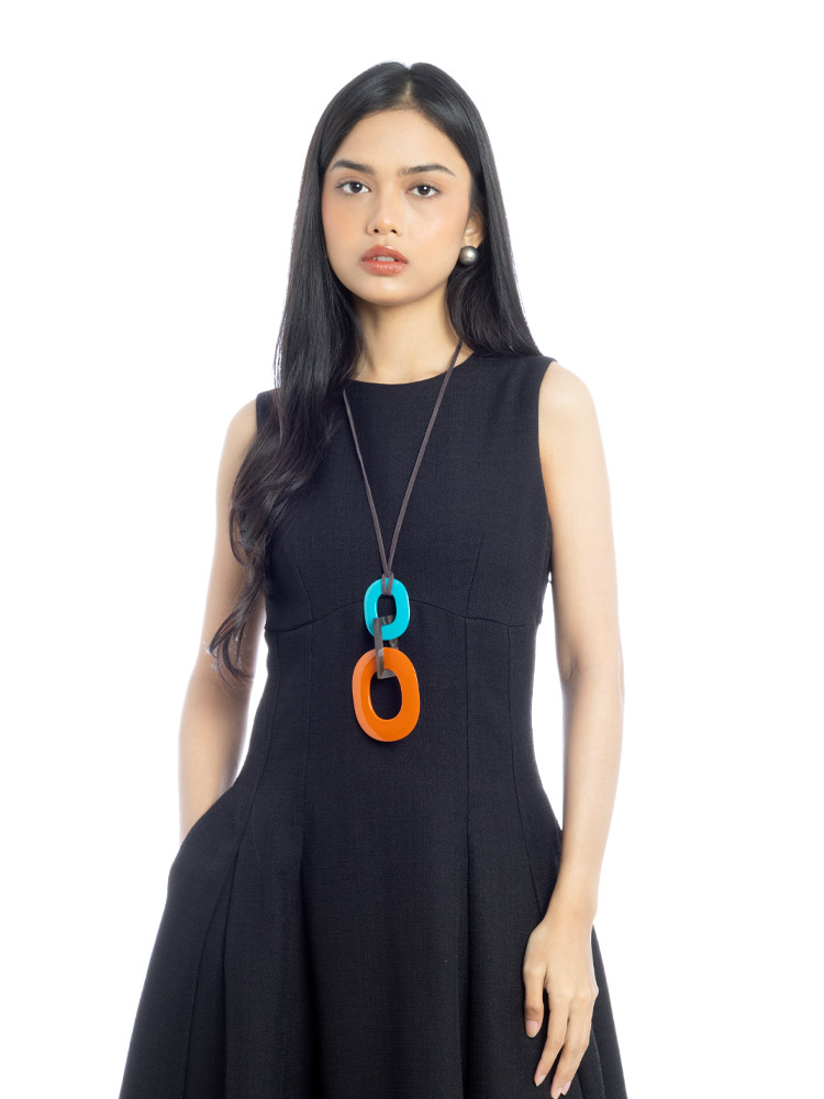 Lacquered Wood Buffalo Horn Kara Necklace Orange Turquoise Blue