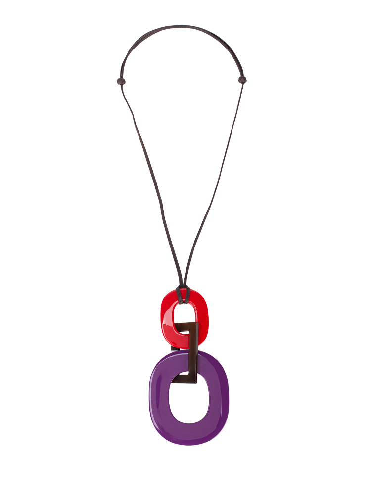 Lacquered Wood Buffalo Horn Kara Necklace Red Brown Purple