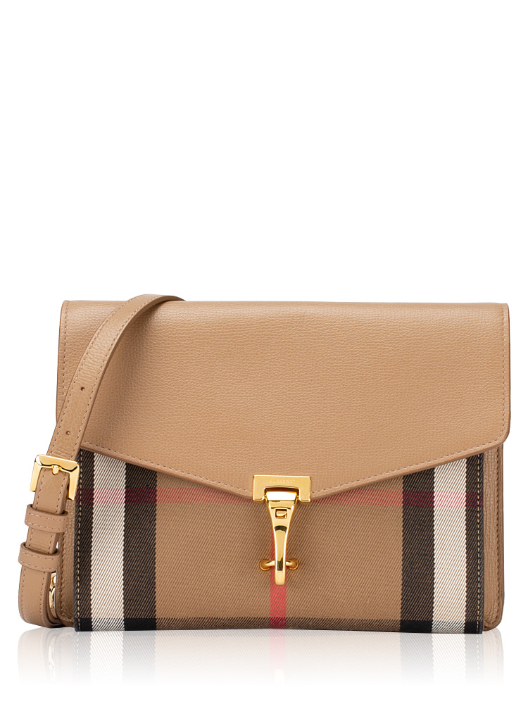 Calfskin House Check Macken Small Crossbody Camel