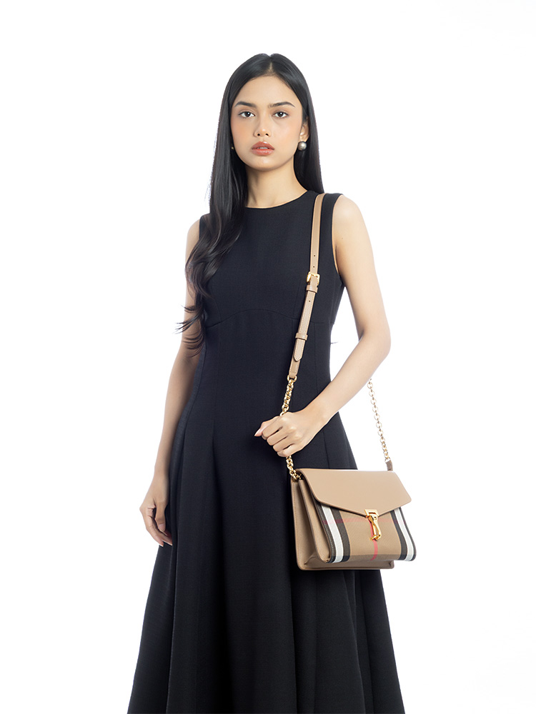 Calfskin House Check Macken Small Crossbody Camel