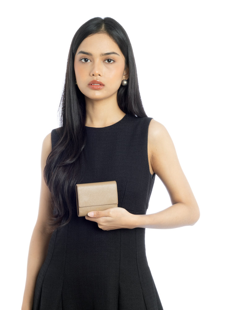 Grained Calfskin Small Tri-Fold Wallet Taupe