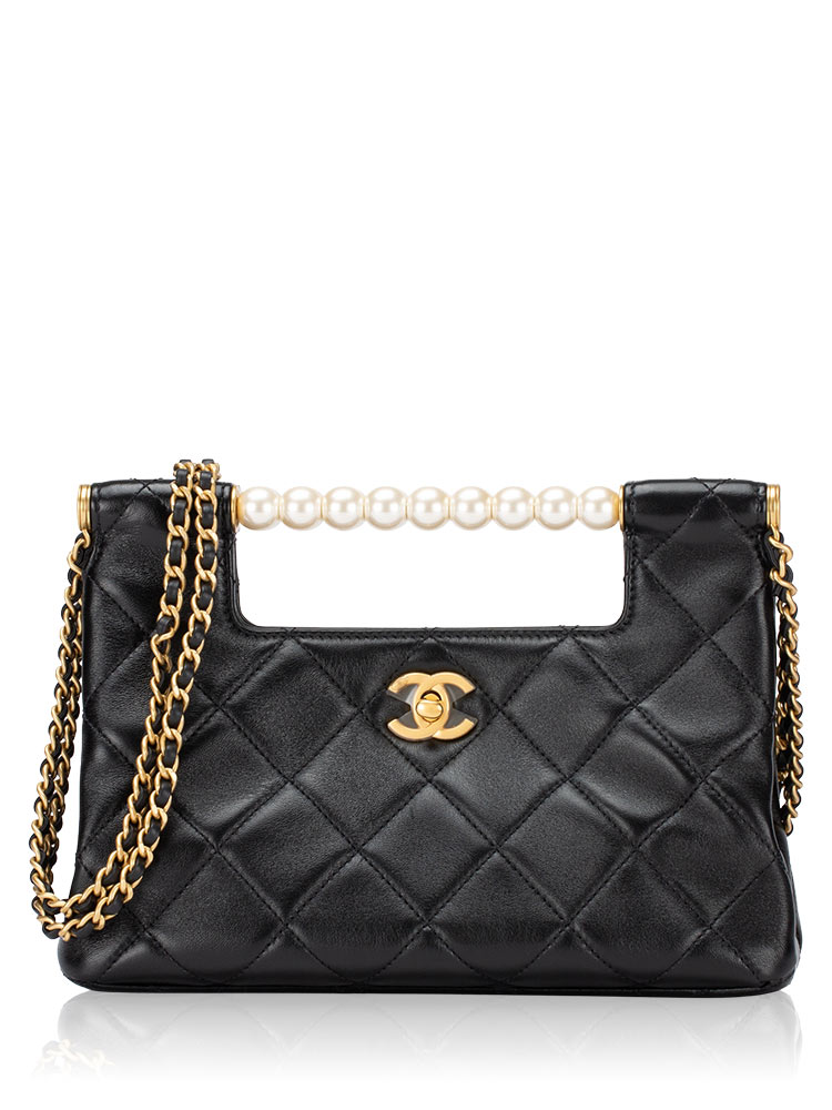 Shiny Lambskin Small Shopping with Pearls Bar Handle Black