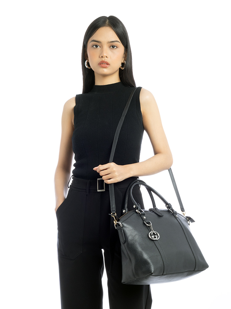 Dollar Calfskin GG Charm Medium Dome Satchel Black