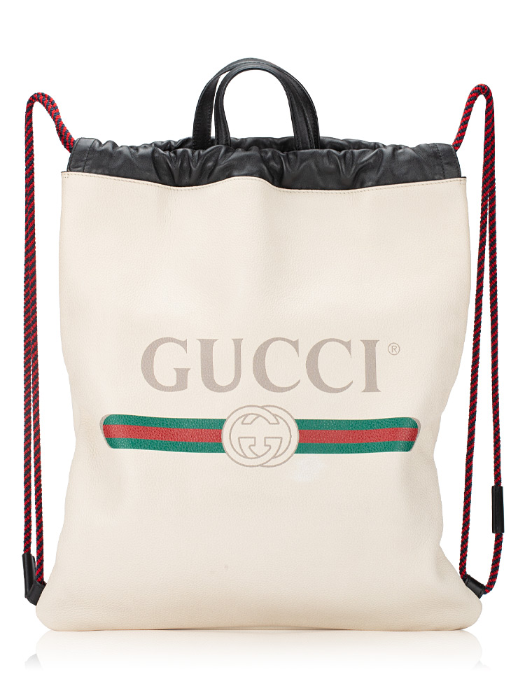 Grained Calfskin Logo Drawstring Backpack White