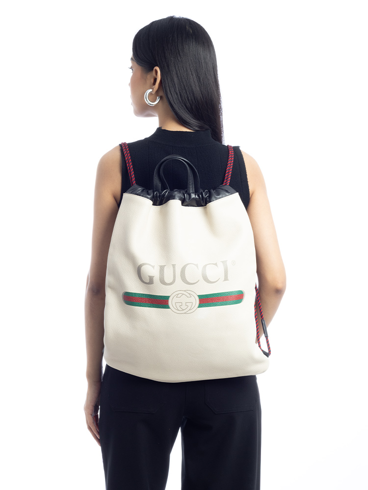 Grained Calfskin Logo Drawstring Backpack White
