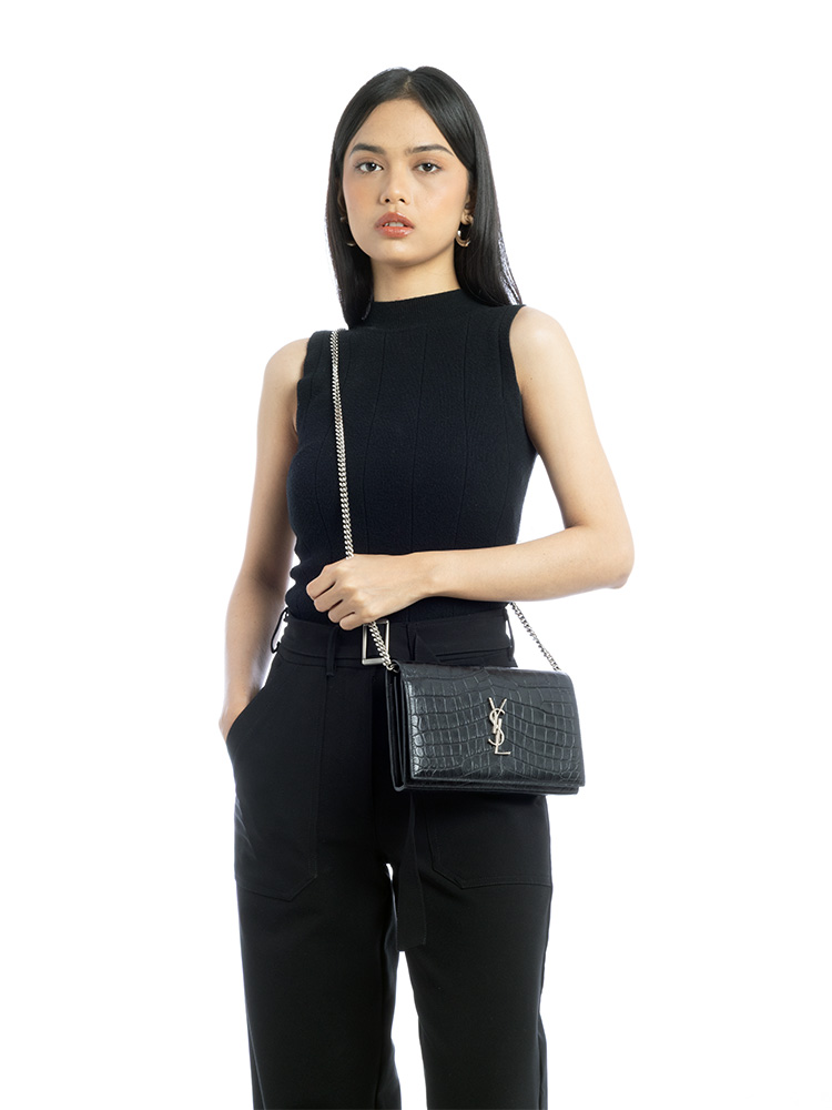 Croc Embossed Kate Chain Wallet Black