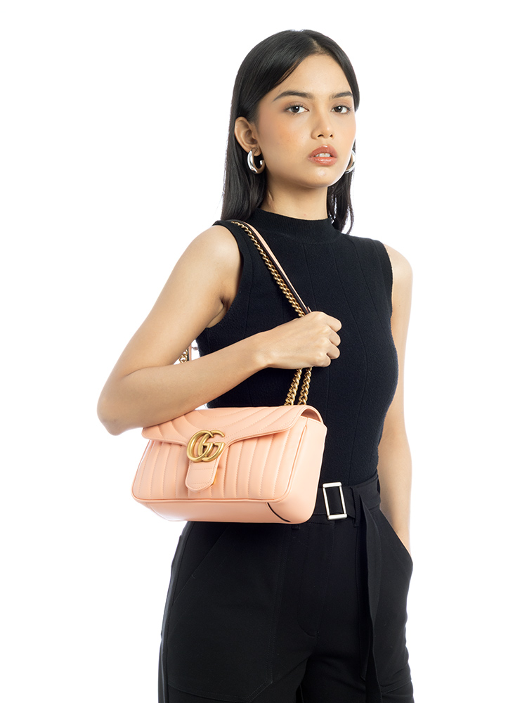 Calfskin GG Marmont Matelasse Small Shoulder Bag Peach