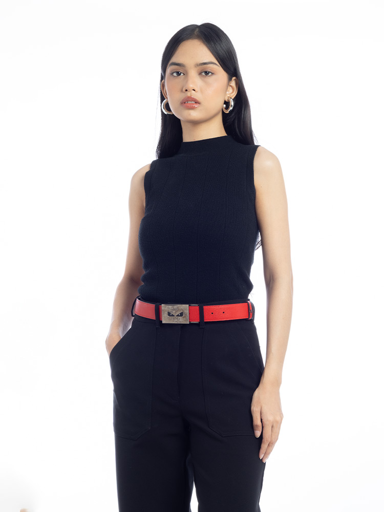 Vitello Monster Eyes Buckle Belt Black Red