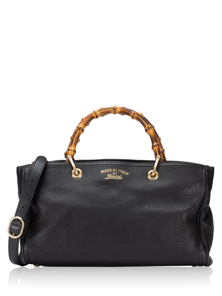 Pebbled Calfskin Bamboo Medium Shopper Black