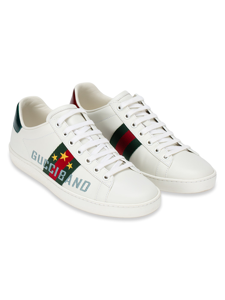 Calfskin Gucci Band Ace Sneakers White Green Sz 36.5