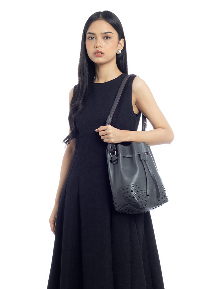 Smooth Calfskin Wave Small Bucket Bag Dark Grey
