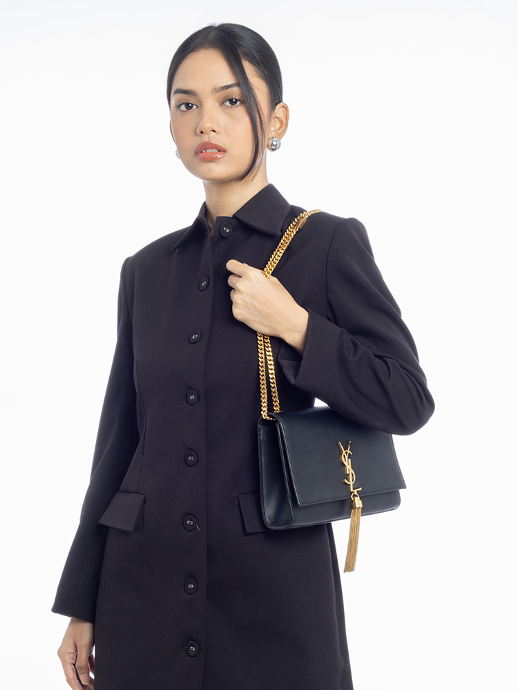 Smooth Calfskin Monogram Kate Tassel Medium Shoulder Bag Black