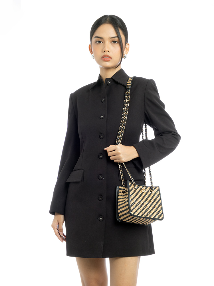 Striped Raffia Jute Urban Jungle Mini Bucket Bag Black Beige