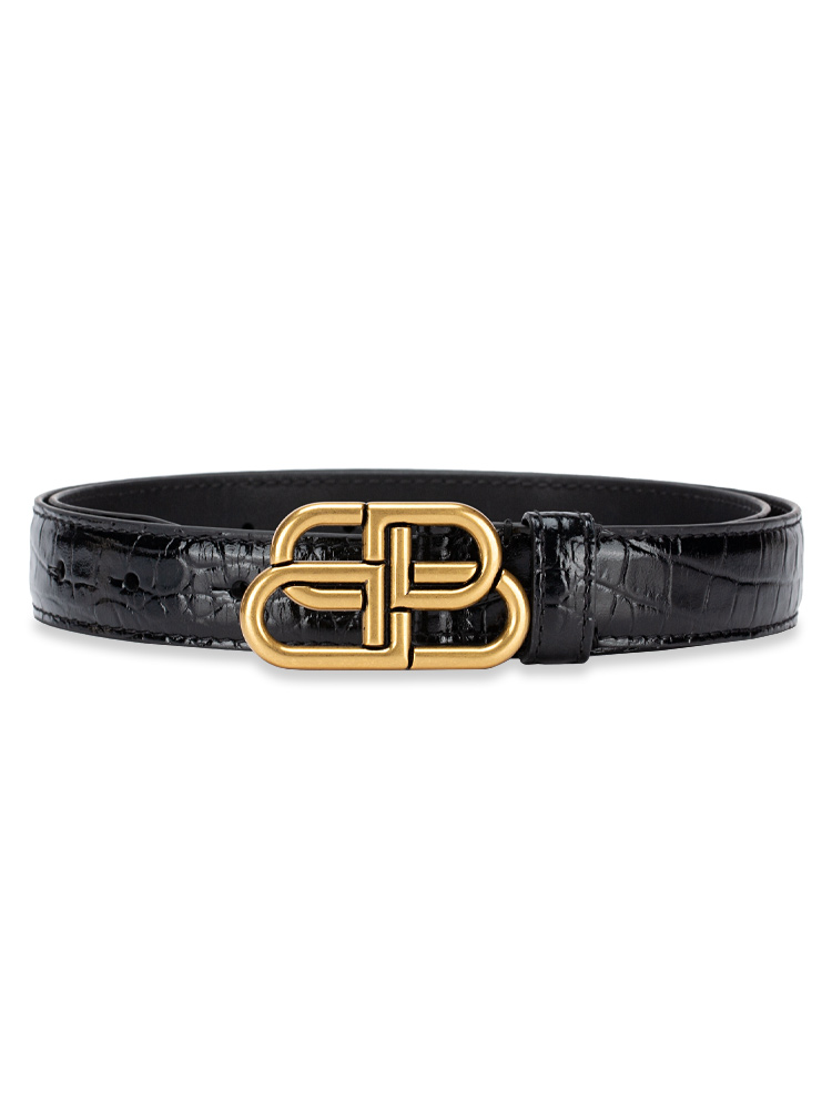 Croco Effect Shiny BB Thin Belt Black Sz 75