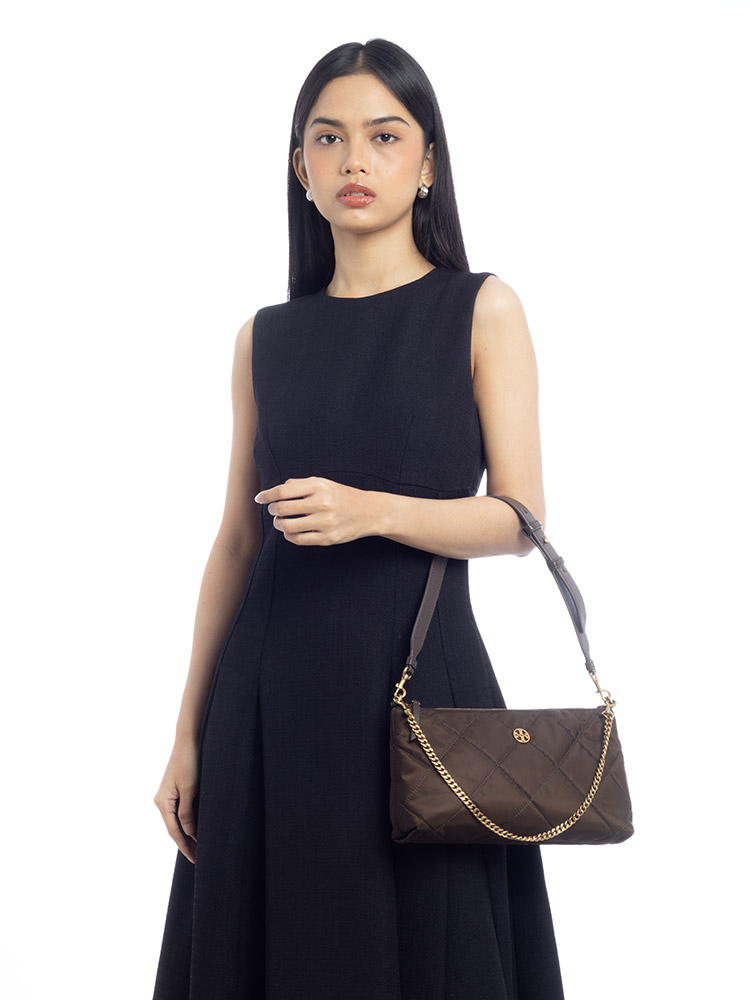 Willa Quilted Nylon Zip Shoulder Bag Dark Roast