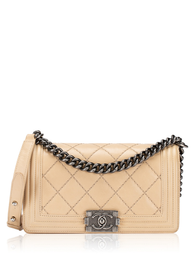 Calfskin Double Stitch Medium Boy Flap Bag Beige