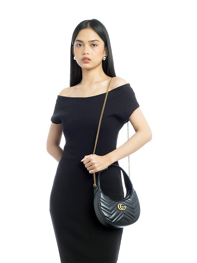 Calfskin GG Marmont Matelasse Half Moon Mini Hobo Black
