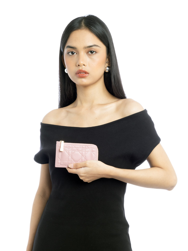 Lambskin Cannage Lady Dior Cosmos Zip Card Holder Pink