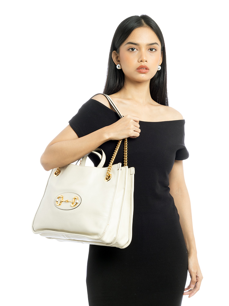 Calfskin Horsebit 1955 Medium Tote Mystic White