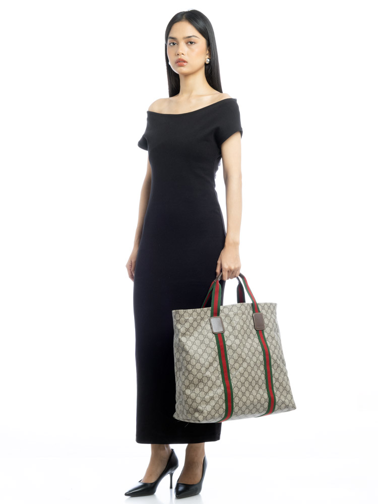 GG Supreme Web Tender Large Tote Beige Ebony