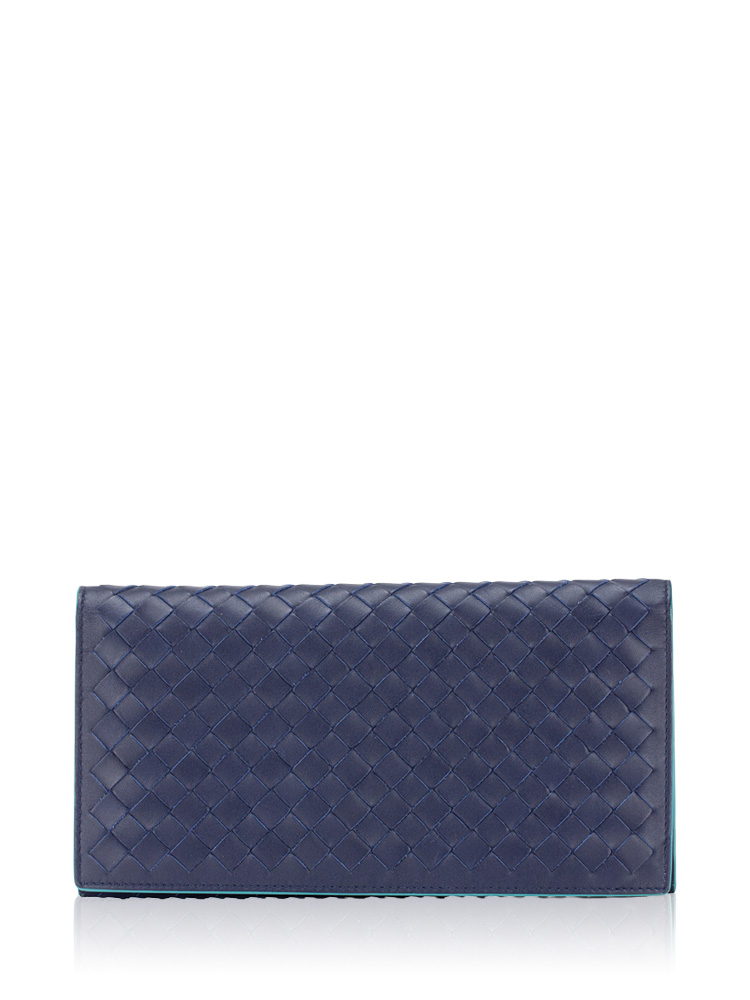 Calfskin Intrecciato Long Bifold Wallet Navy Teal