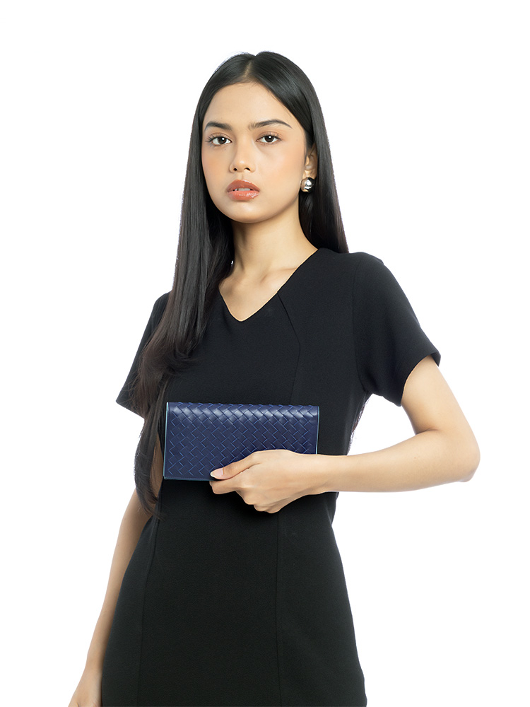 Calfskin Intrecciato Long Bifold Wallet Navy Teal