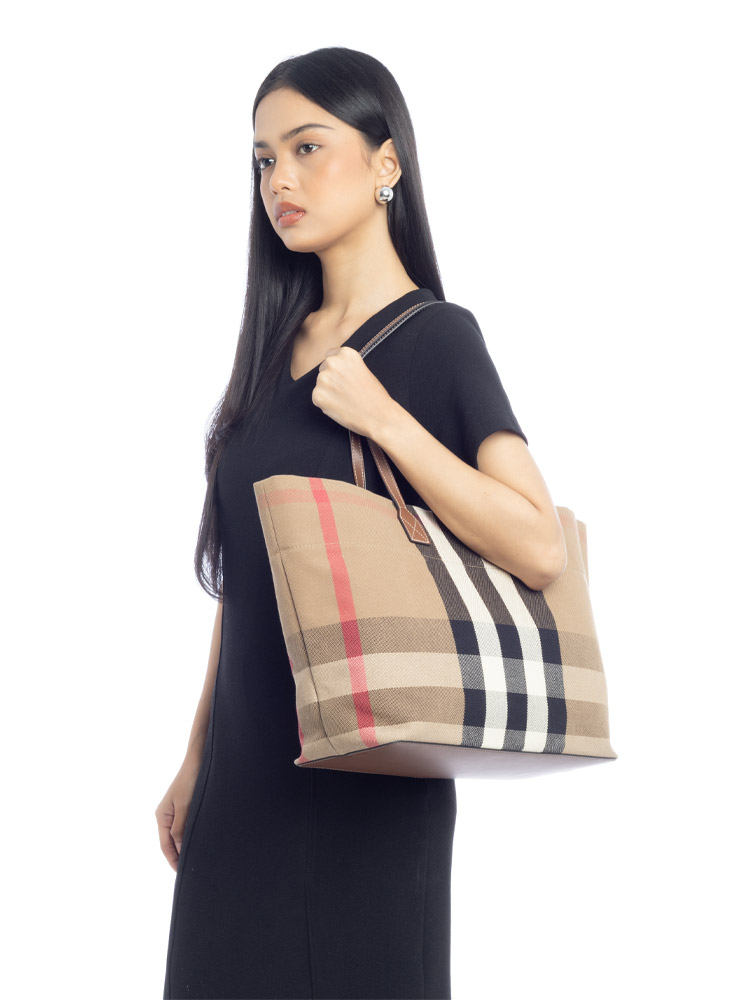 Canvas Giant Check London Medium Tote Brown